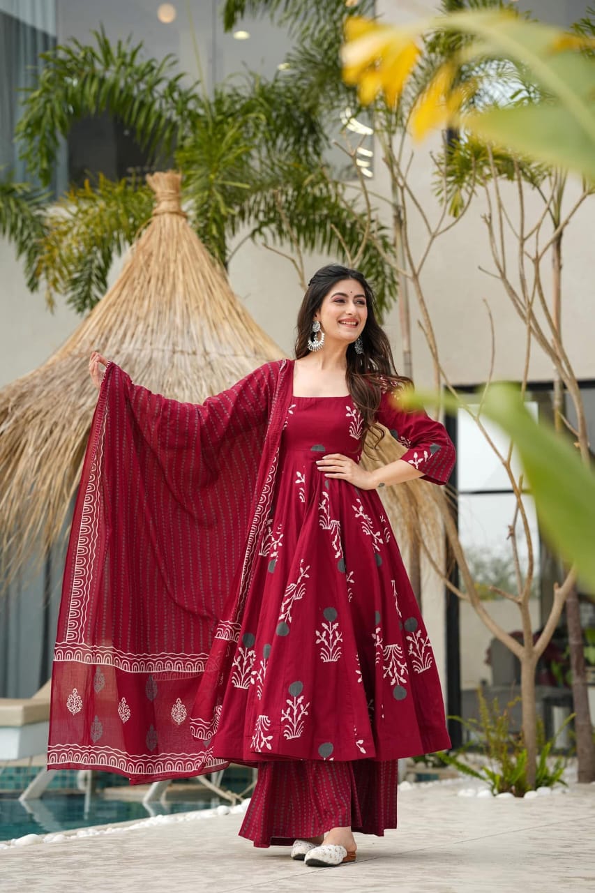 Biba Premium Red Pure Cotton Anarkali Kurta Set For Women