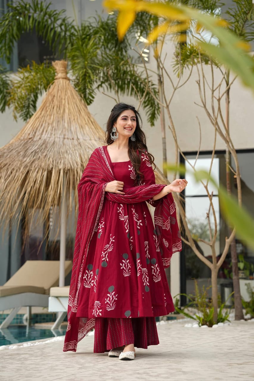 Biba Premium Red Pure Cotton Anarkali Kurta Set For Women