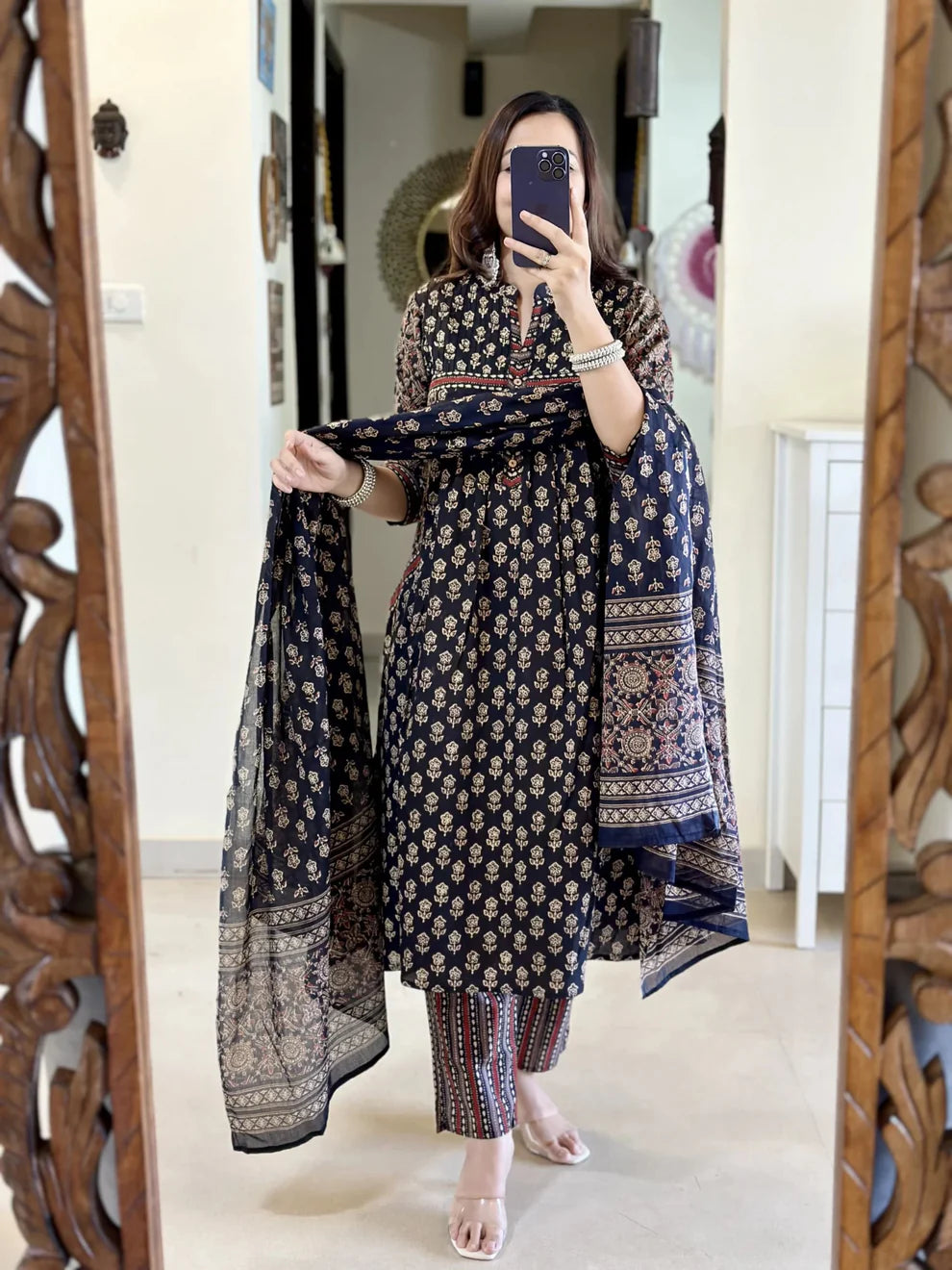 BIBA Navy Blue Ethnic Anarkali Set with Printed Dupatta
