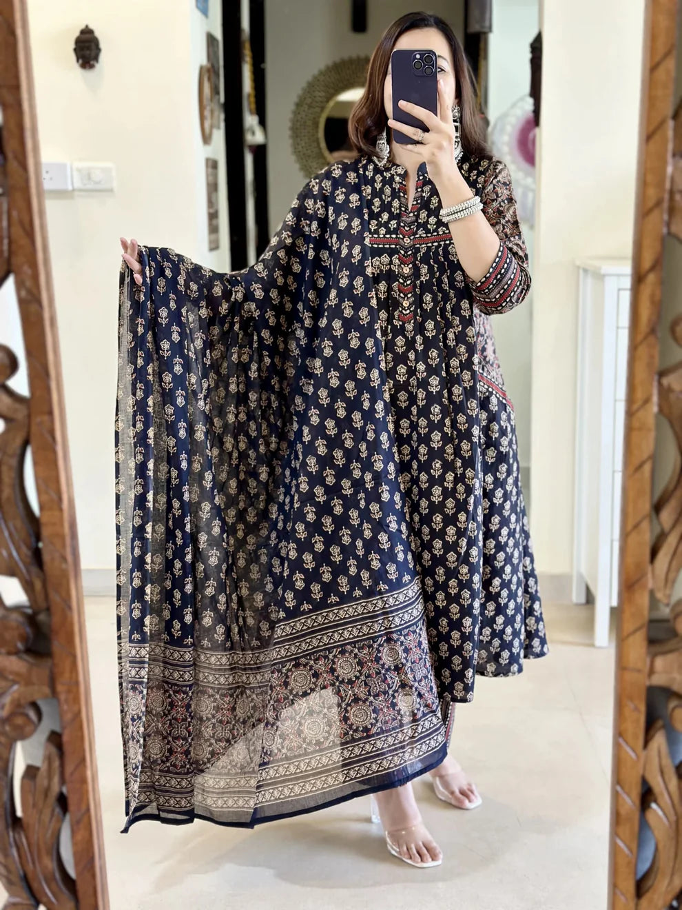 BIBA Navy Blue Ethnic Anarkali Set with Printed Dupatta