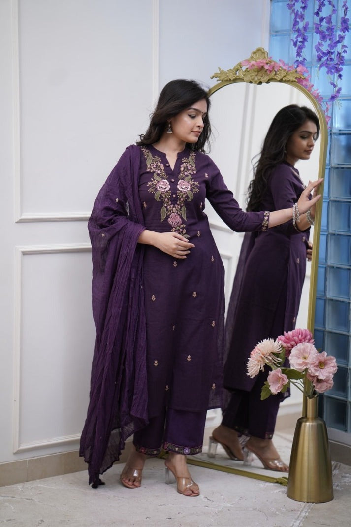 Biba Premium Pure Cotton Purple Embroidery Work Suit Set