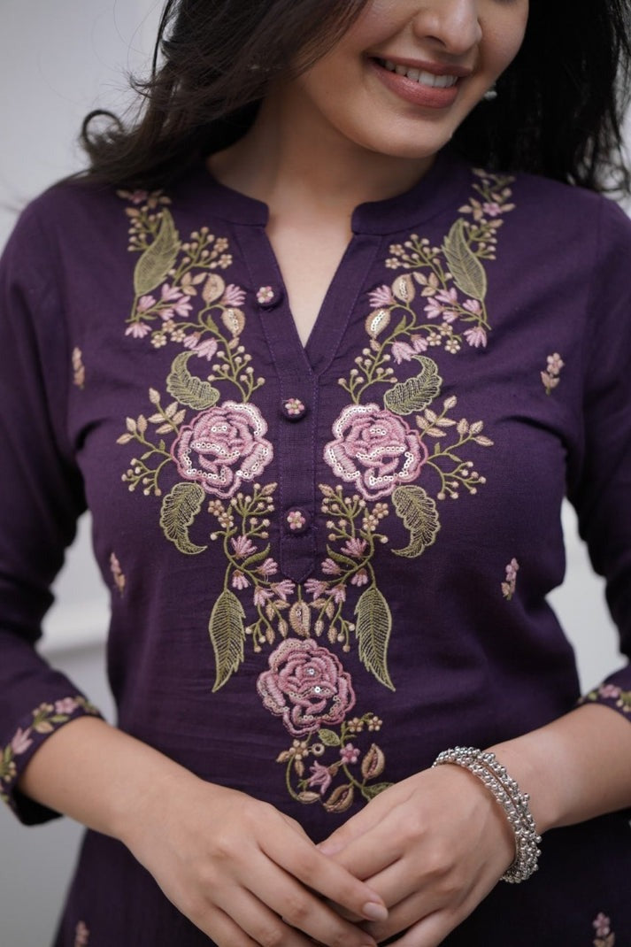 Biba Premium Pure Cotton Purple Embroidery Work Suit Set