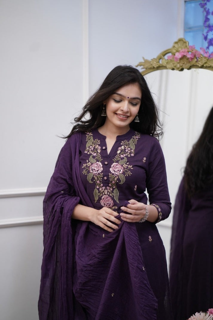 Biba Premium Pure Cotton Purple Embroidery Work Suit Set