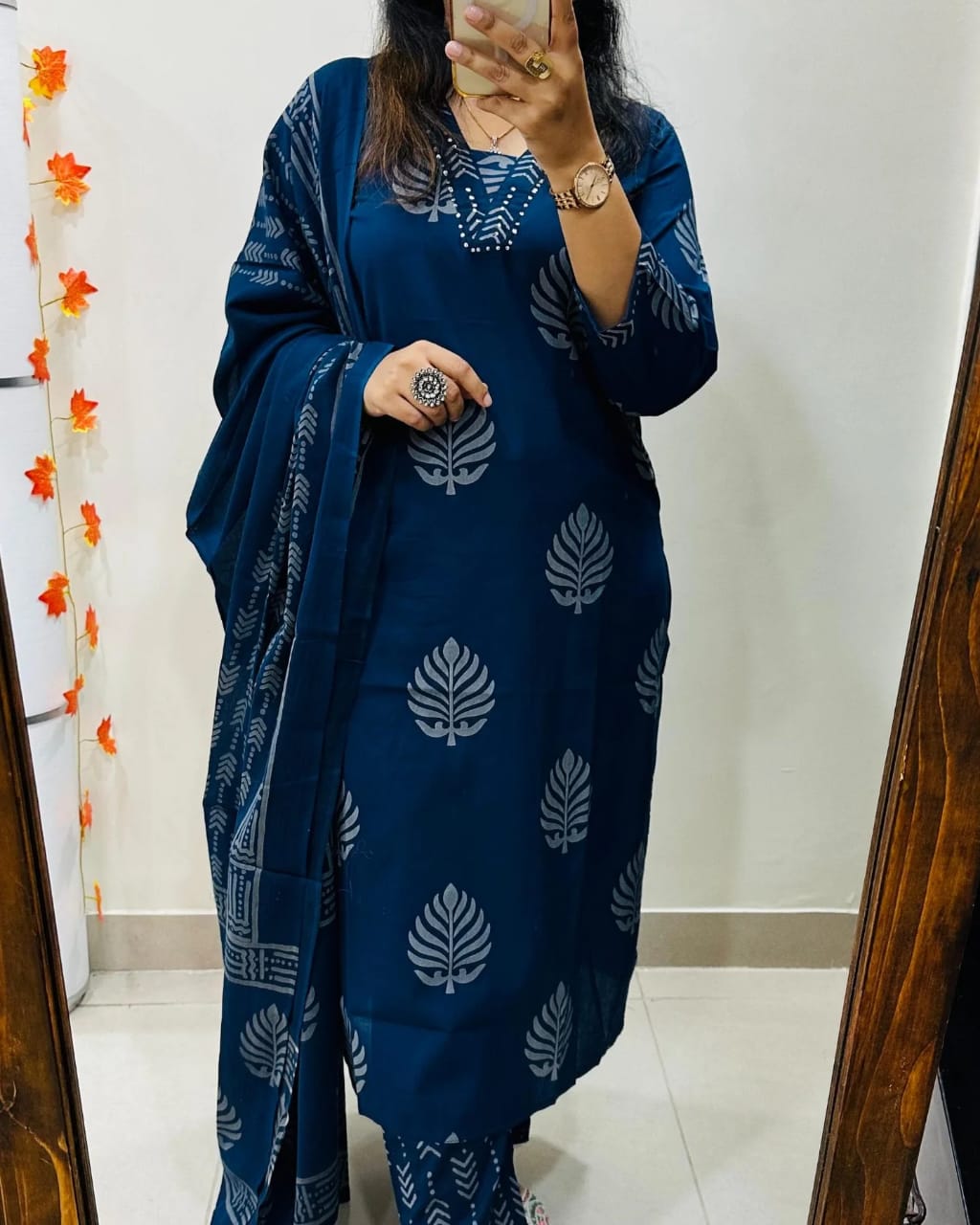 Biba Premium Pure Cotton Printed Kurta Pant Dupatta Set (Blue)