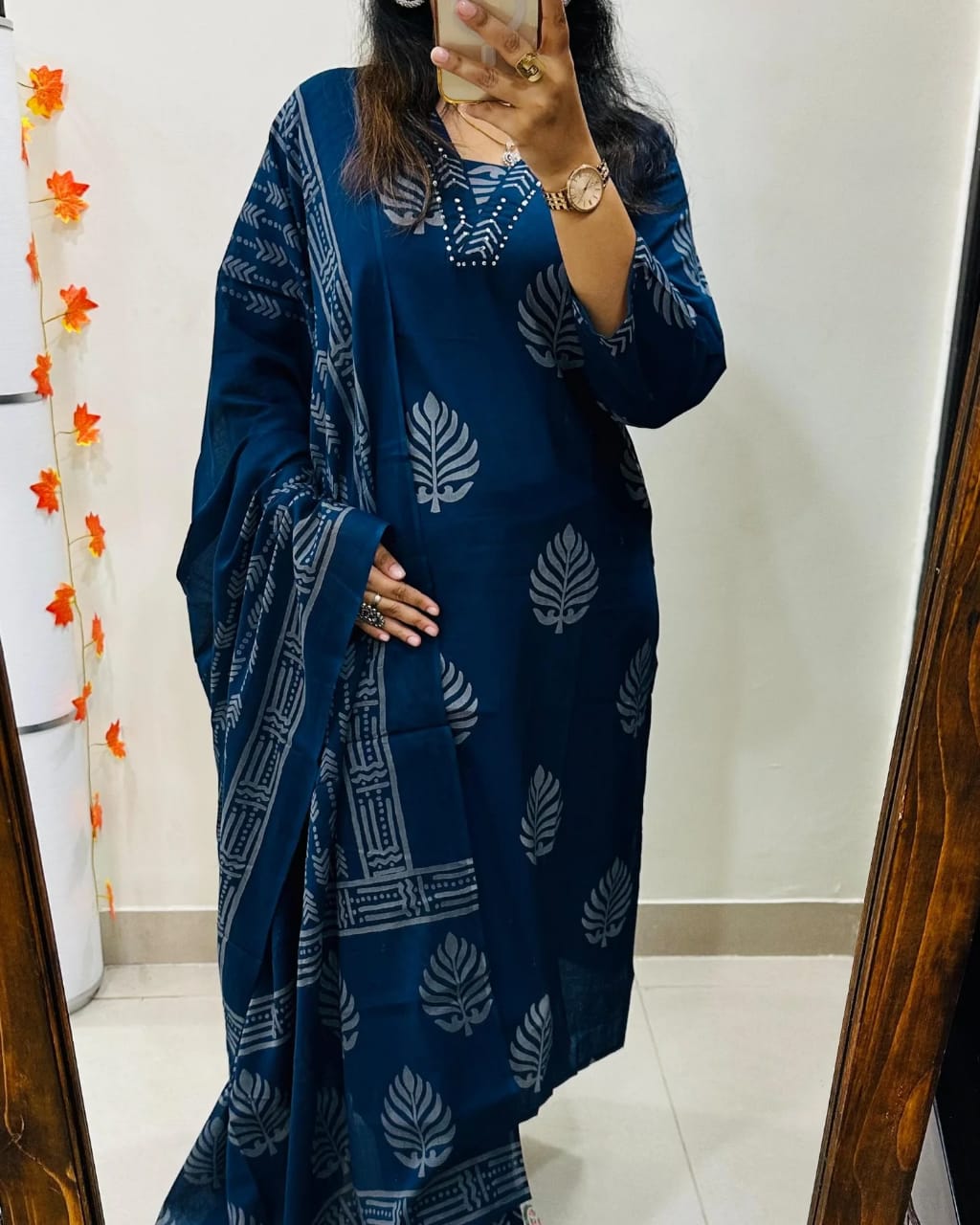 Biba Premium Pure Cotton Printed Kurta Pant Dupatta Set (Blue)