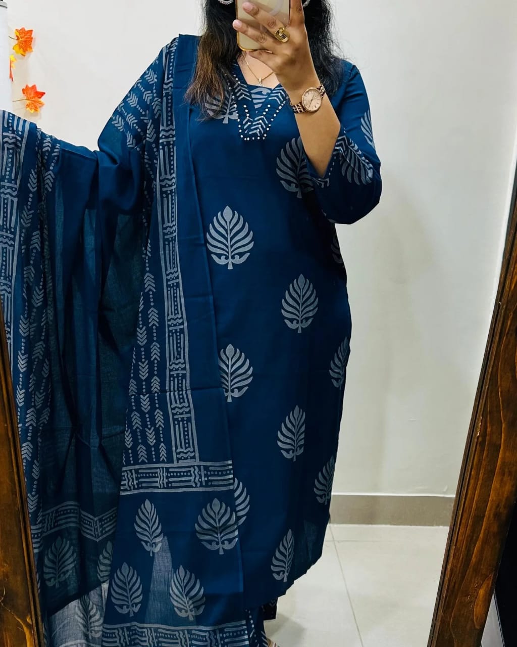 Biba Premium Pure Cotton Printed Kurta Pant Dupatta Set (Blue)