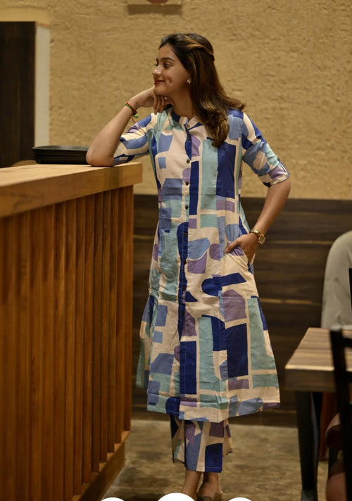 Biba Abstract Print Cotton Kurta Set with Pants – Modern Co-ord Style