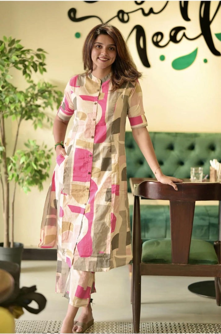 Biba Premium Elegant Abstract-Print Cotton Kurta Set For Women