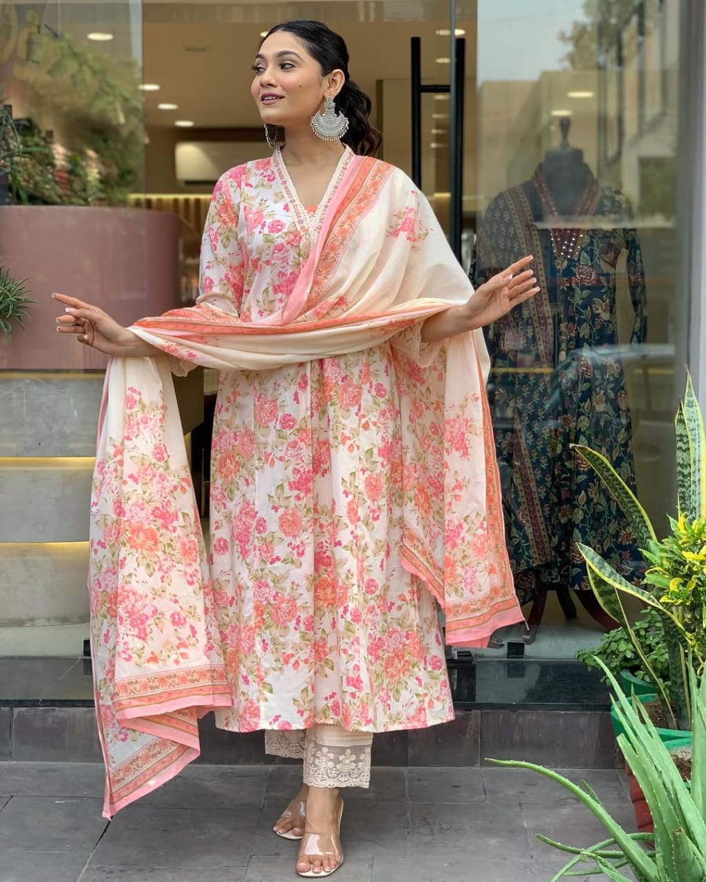 Biba Premium Floral Print Pure Cotton Ethnic Kurta Set With Attached Dupatta