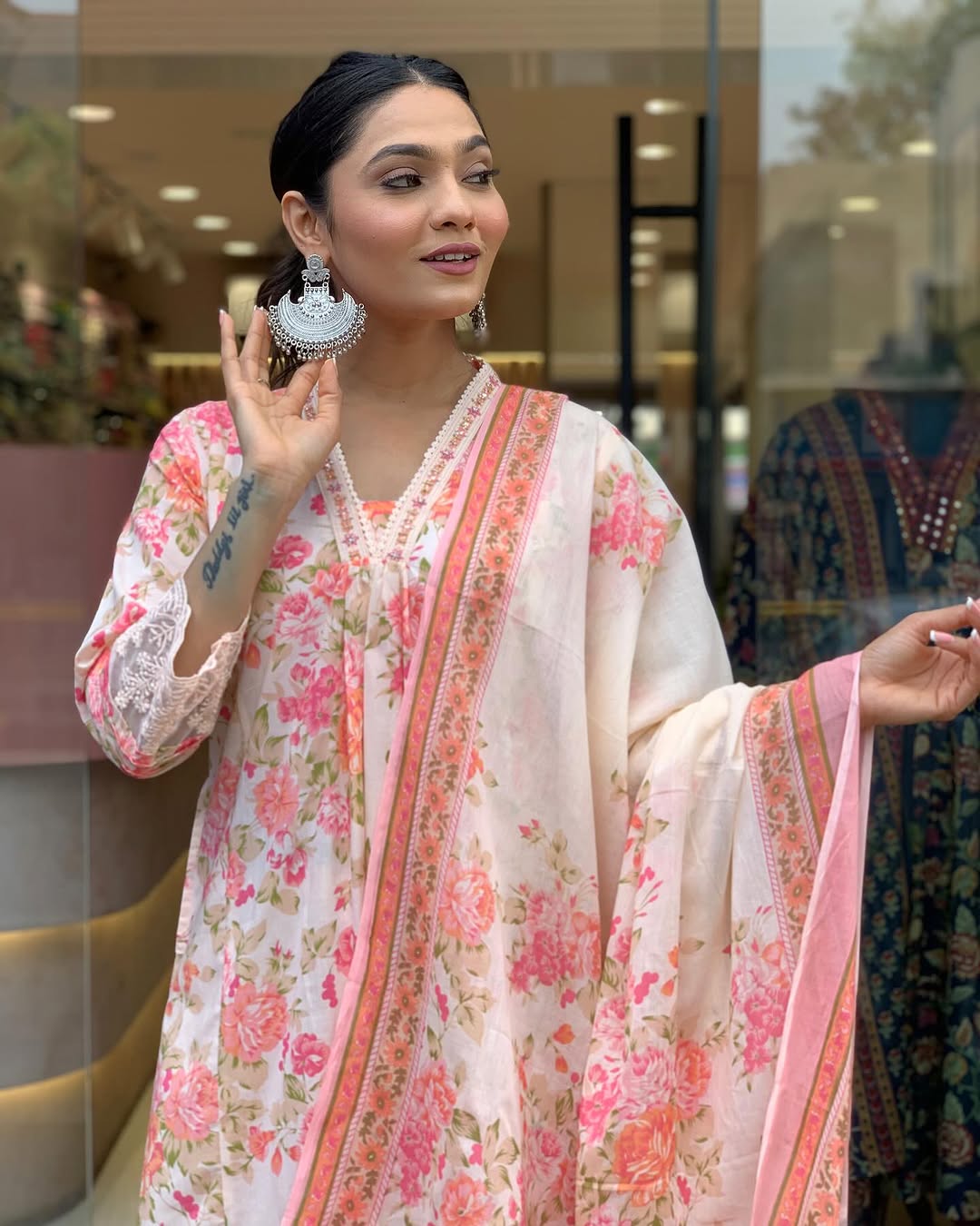 Biba Premium Floral Print Pure Cotton Ethnic Kurta Set With Attached Dupatta