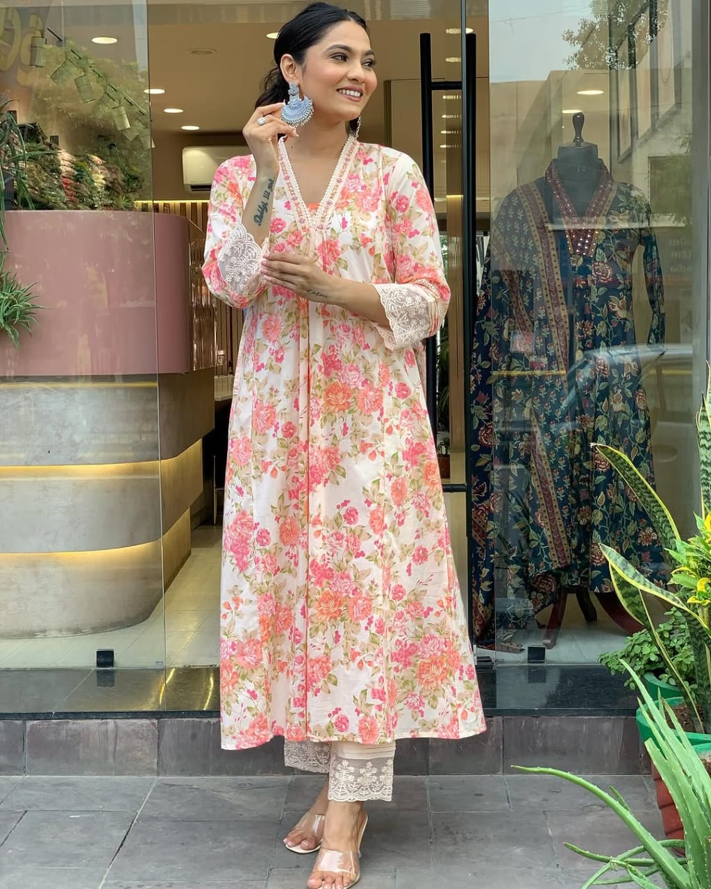 Biba Premium Floral Print Pure Cotton Ethnic Kurta Set With Attached Dupatta