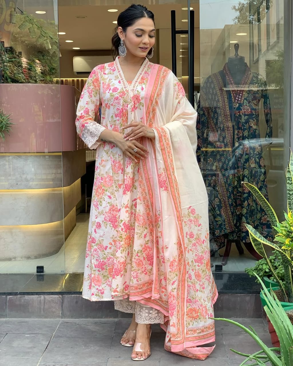 Biba Premium Floral Print Pure Cotton Ethnic Kurta Set With Attached Dupatta