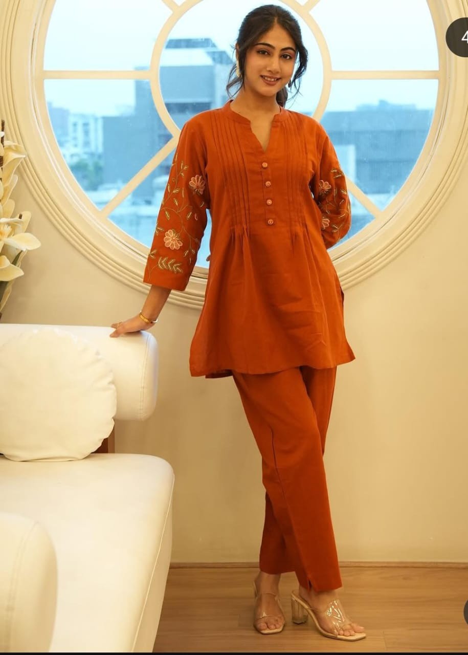 Biba Premium Elegant Rust Orange Kurta Set With Floral Embroidery