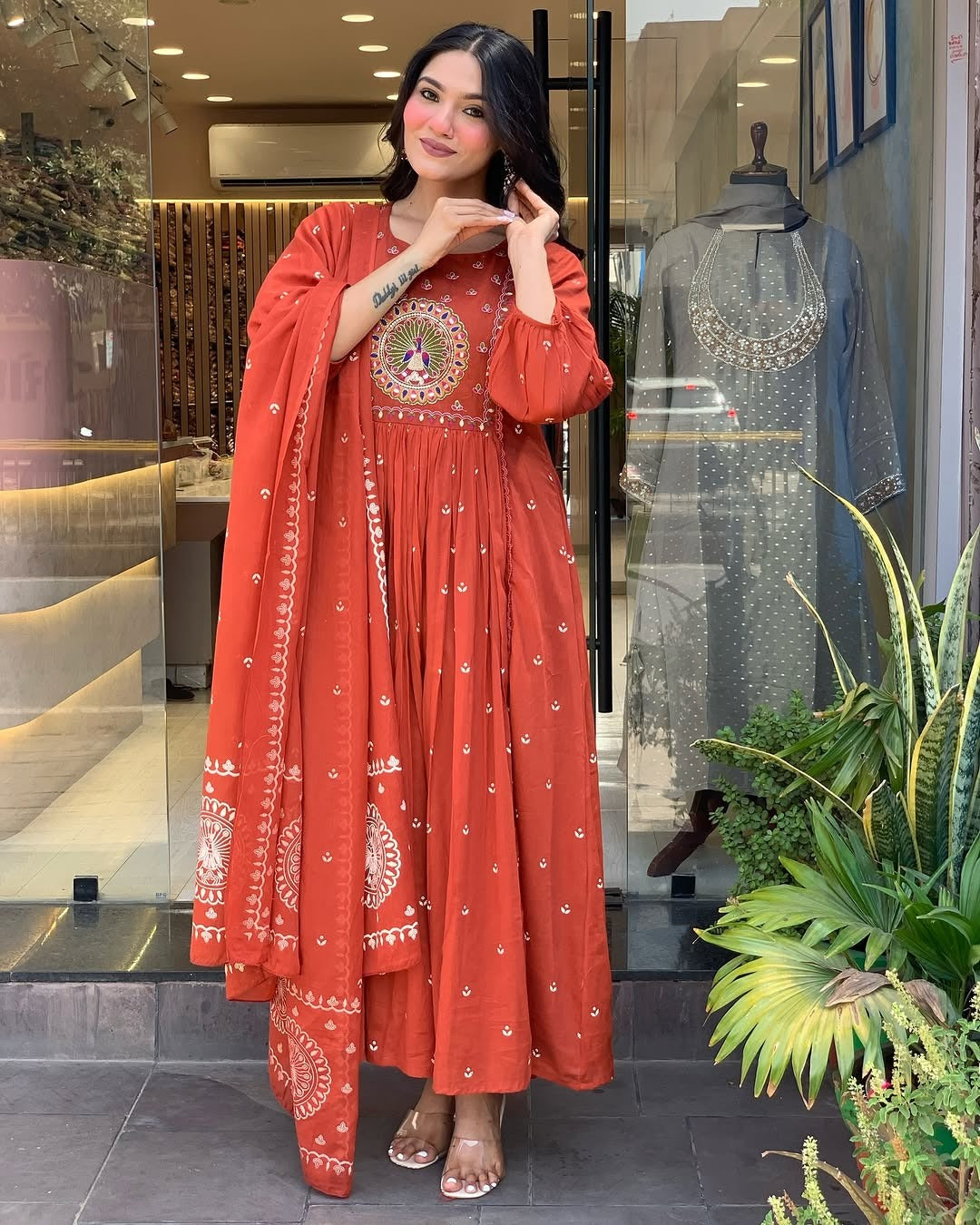 Biba Terracotta Mirror Work Anarkali Set