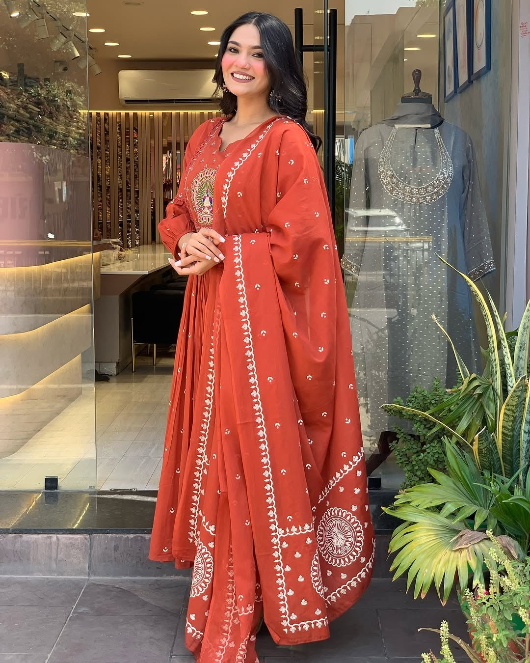 Biba Terracotta Mirror Work Anarkali Set