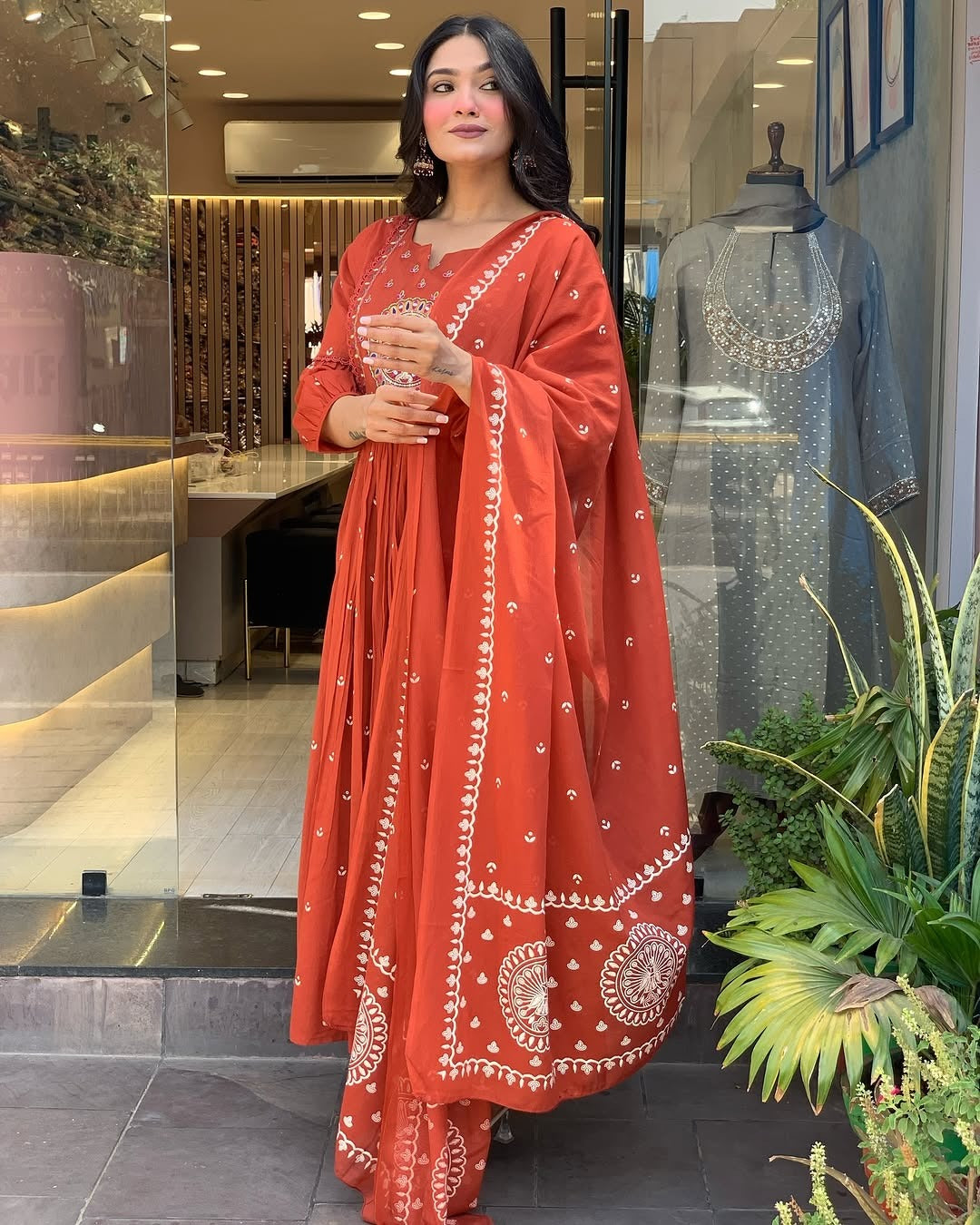 Biba Terracotta Mirror Work Anarkali Set