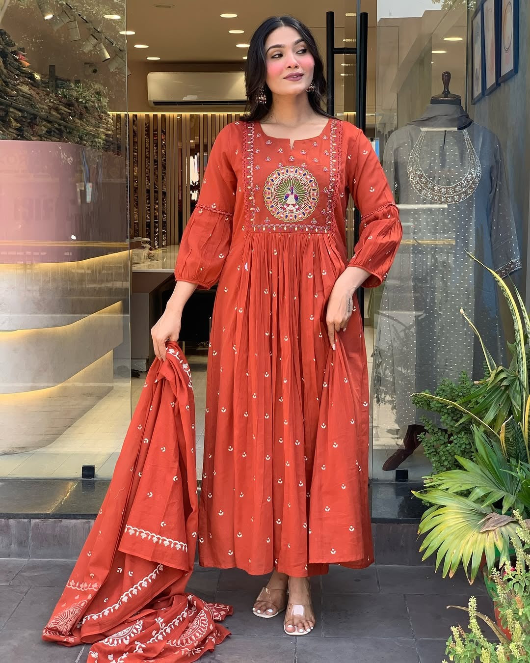 Biba Terracotta Mirror Work Anarkali Set