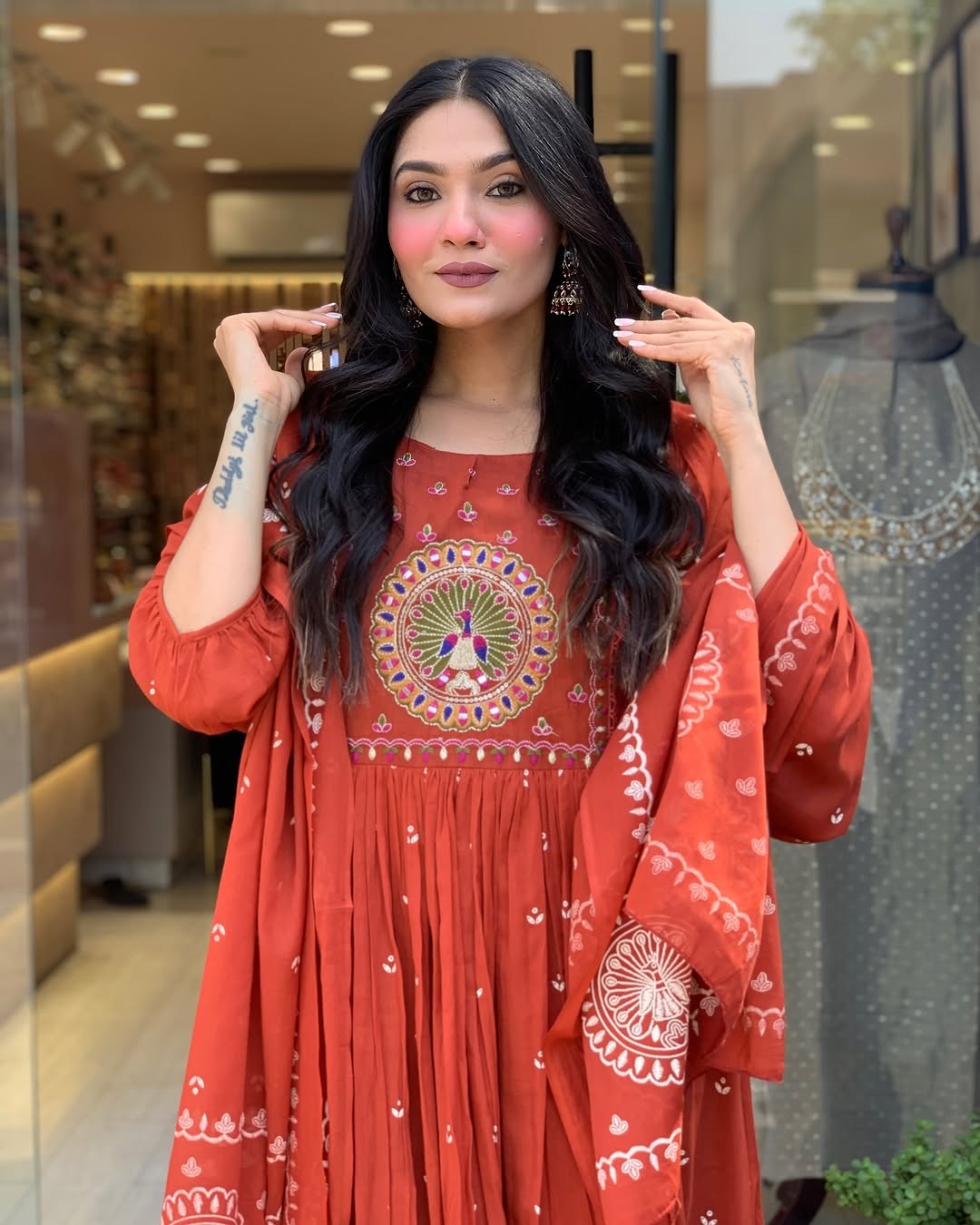 Biba Terracotta Mirror Work Anarkali Set