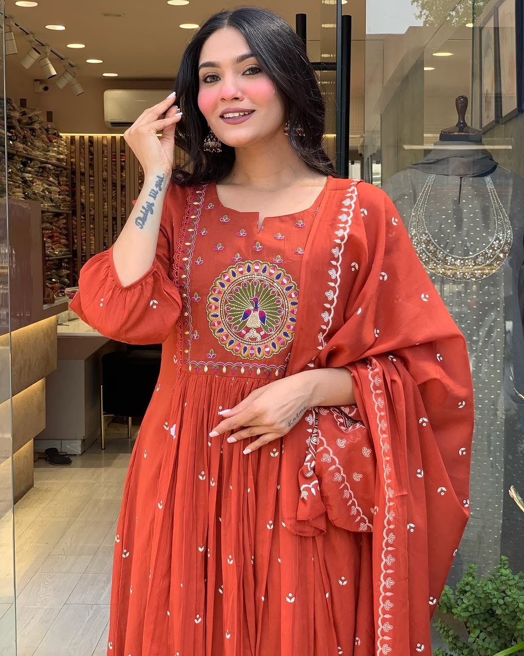 Biba Terracotta Mirror Work Anarkali Set