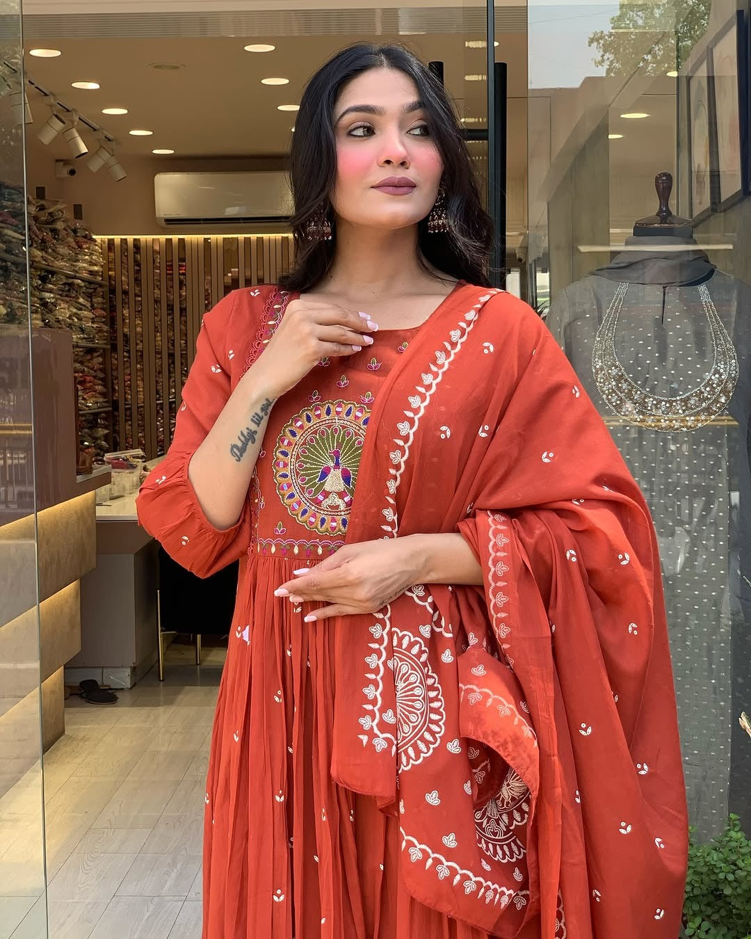 Biba Terracotta Mirror Work Anarkali Set