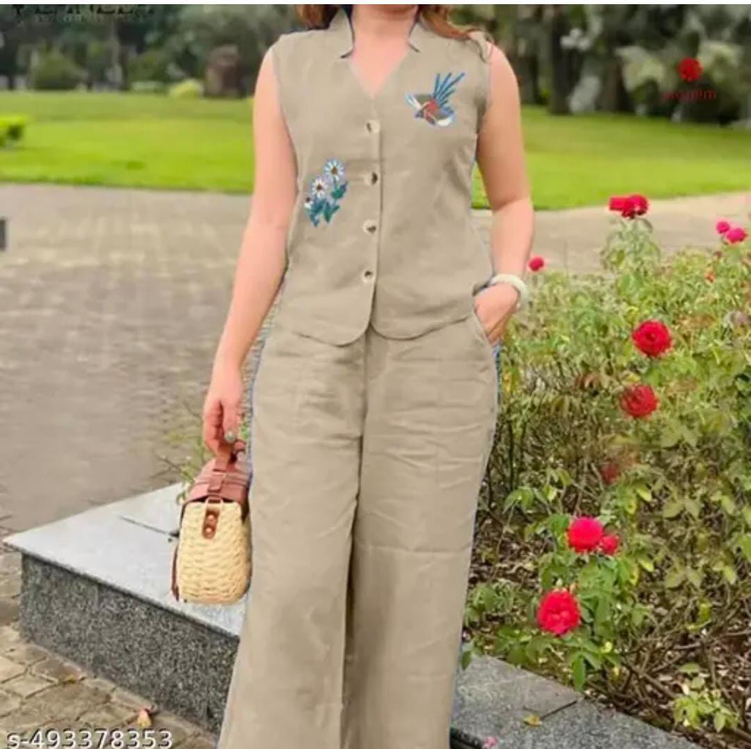 Biba Beige Sleeveless Co-ord Set with Nature-Inspired Embroidery