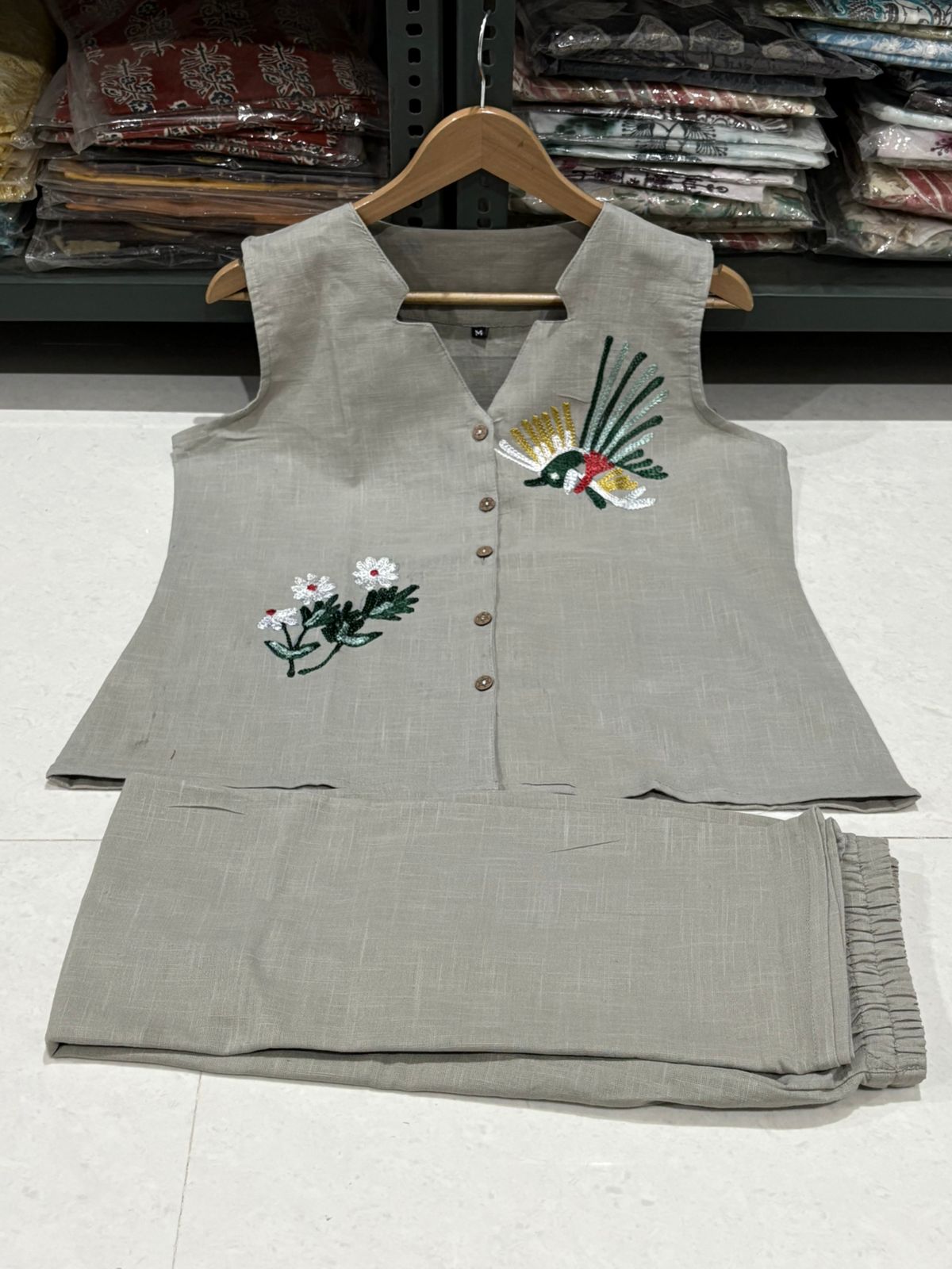 Biba Beige Sleeveless Co-ord Set with Nature-Inspired Embroidery