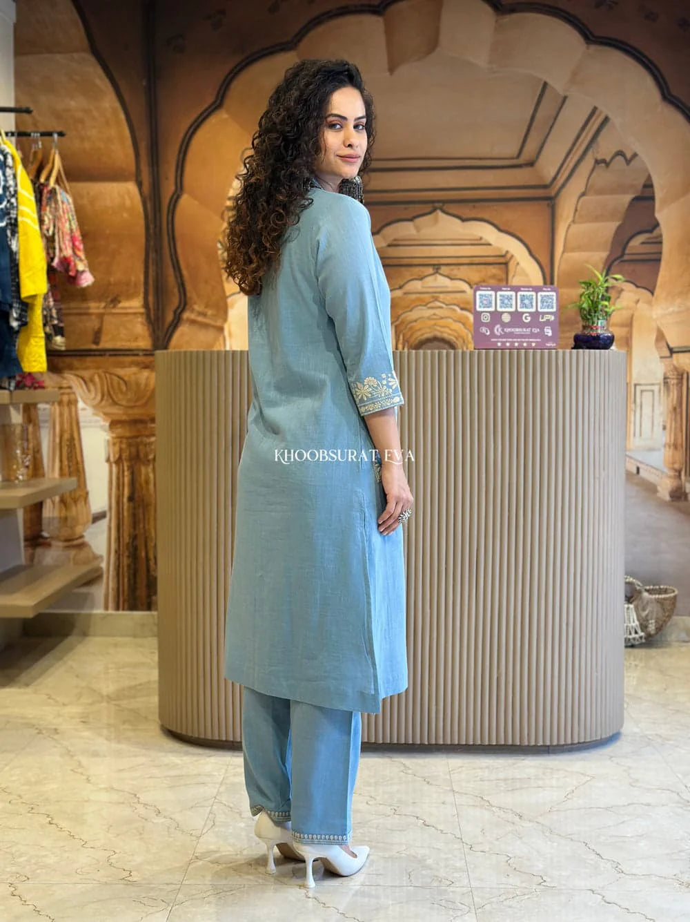BIBA Elegant Sky Blue Embroidered Cotton Kurta Set