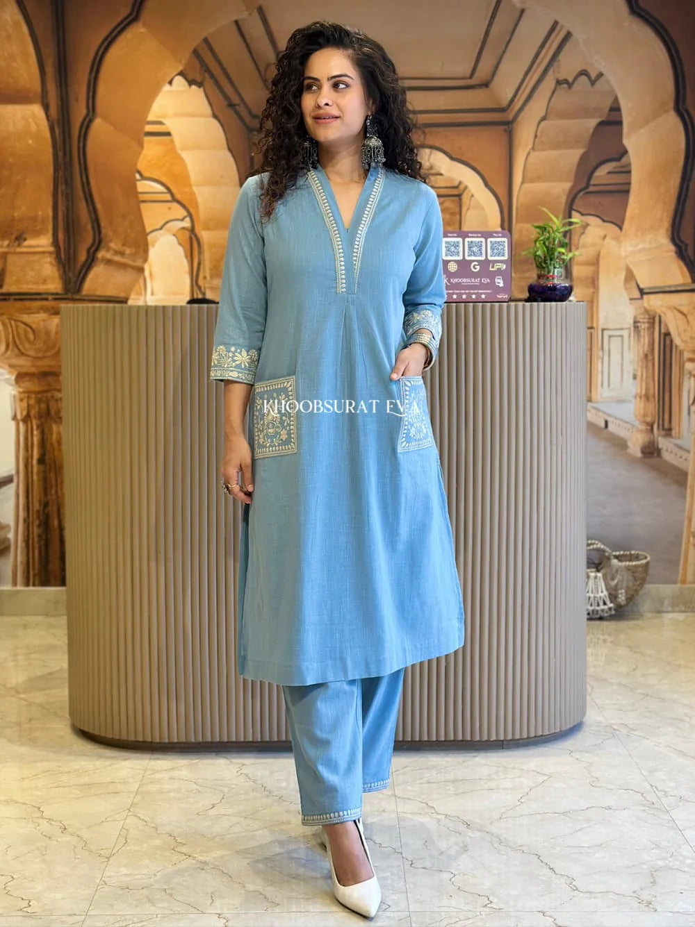 BIBA Elegant Sky Blue Embroidered Cotton Kurta Set