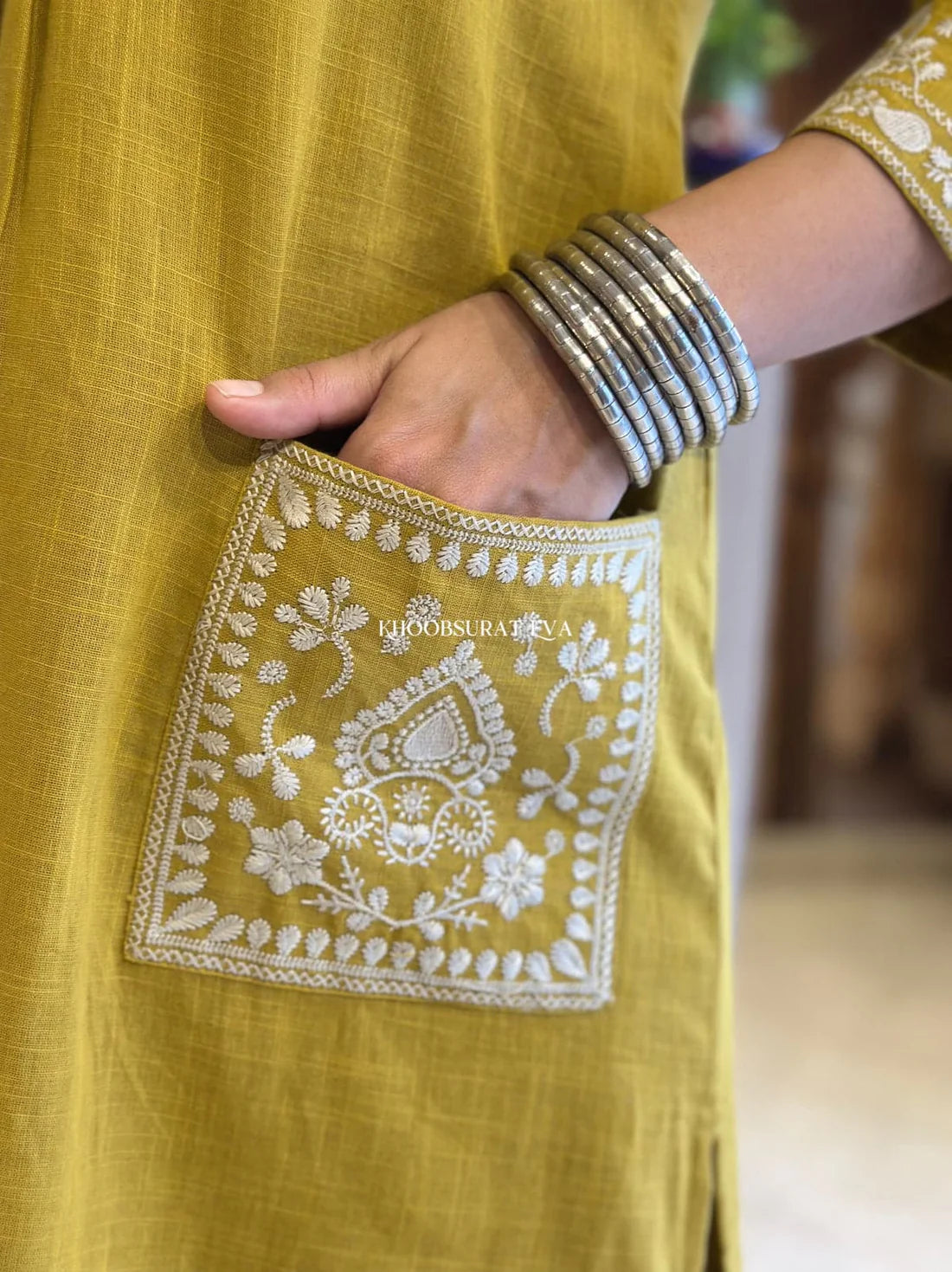 BIBA Mustard Yellow Cotton Kurta with White Embroidery