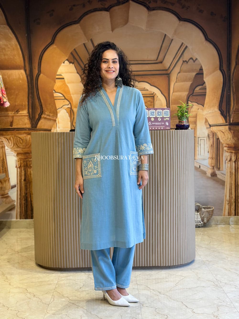 BIBA Elegant Sky Blue Embroidered Cotton Kurta Set