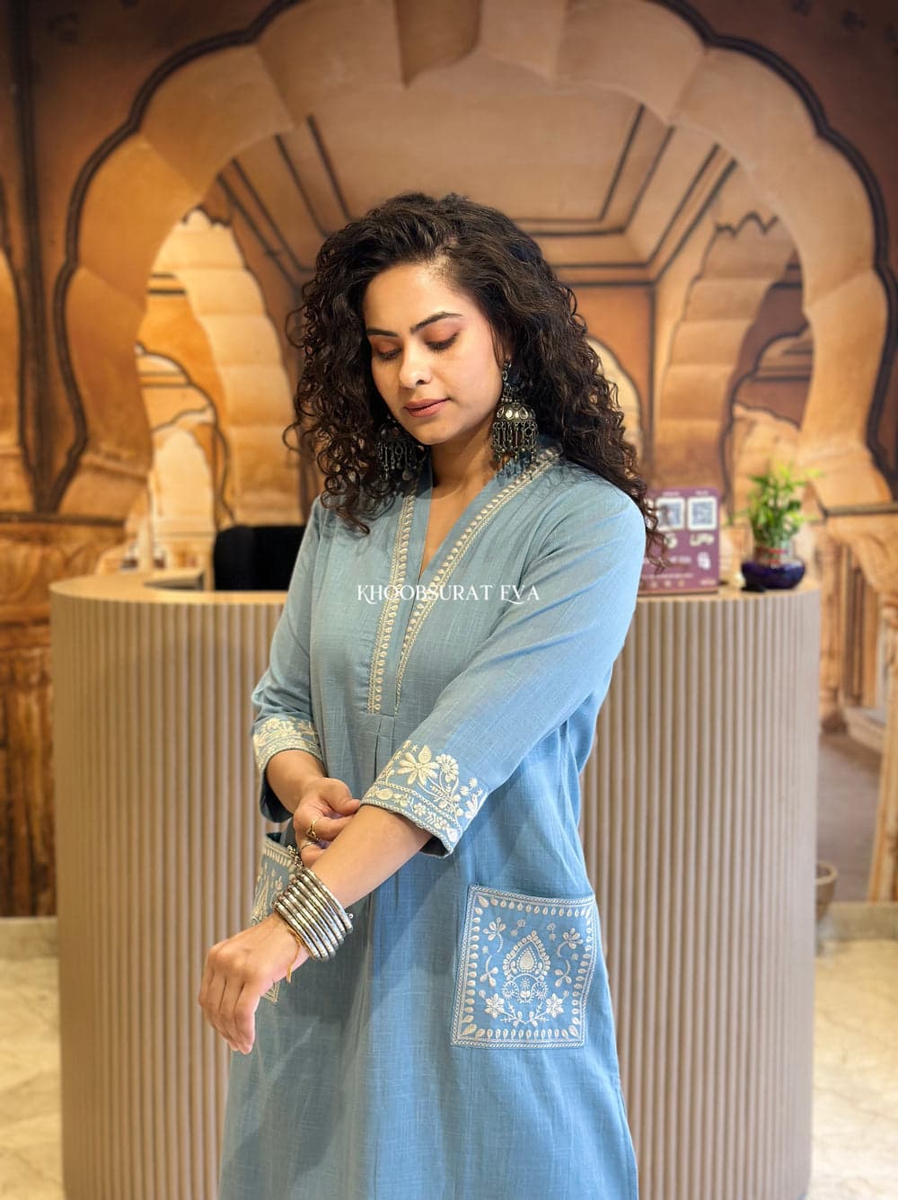 BIBA Elegant Sky Blue Embroidered Cotton Kurta Set