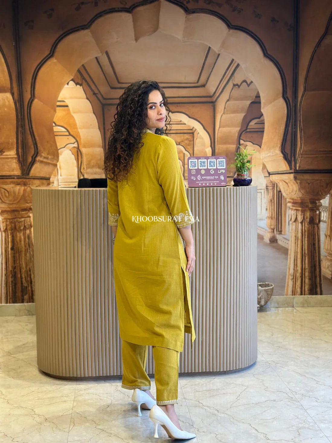 BIBA Mustard Yellow Cotton Kurta with White Embroidery