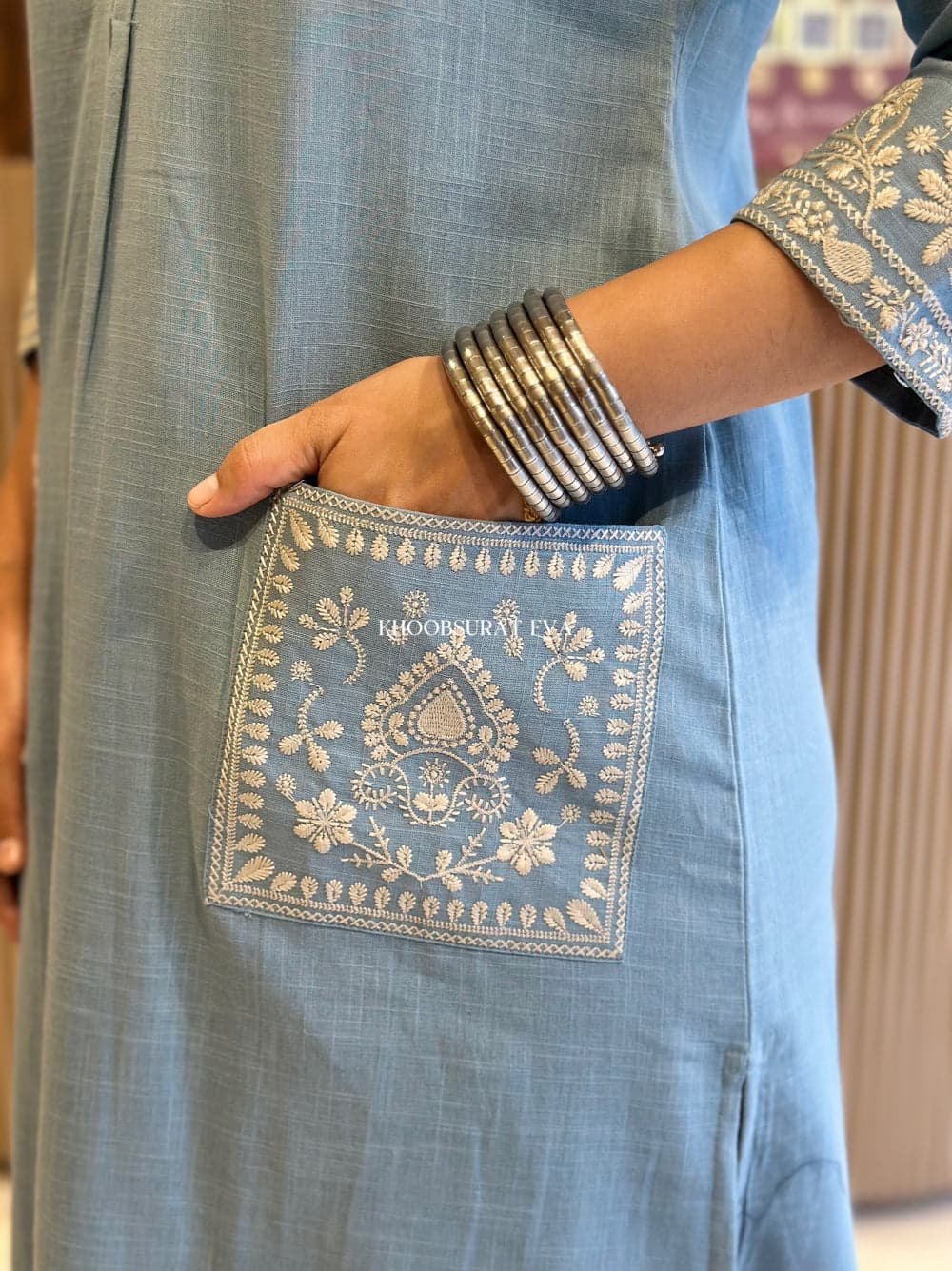 BIBA Elegant Sky Blue Embroidered Cotton Kurta Set
