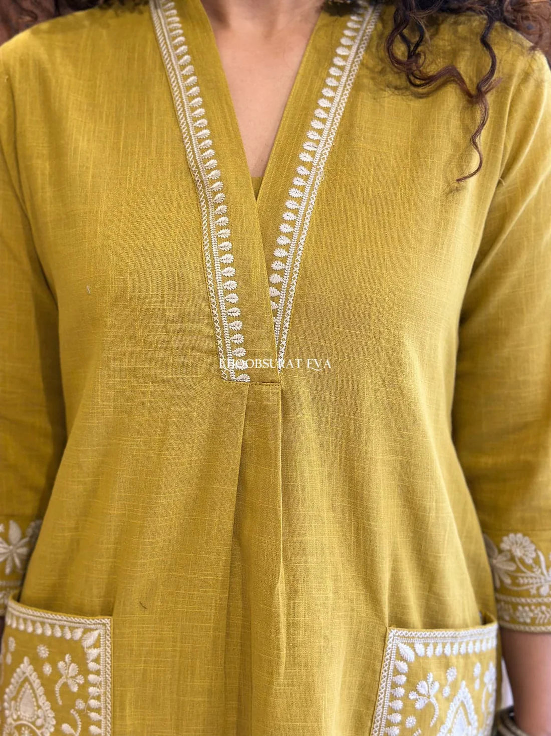 BIBA Mustard Yellow Cotton Kurta with White Embroidery