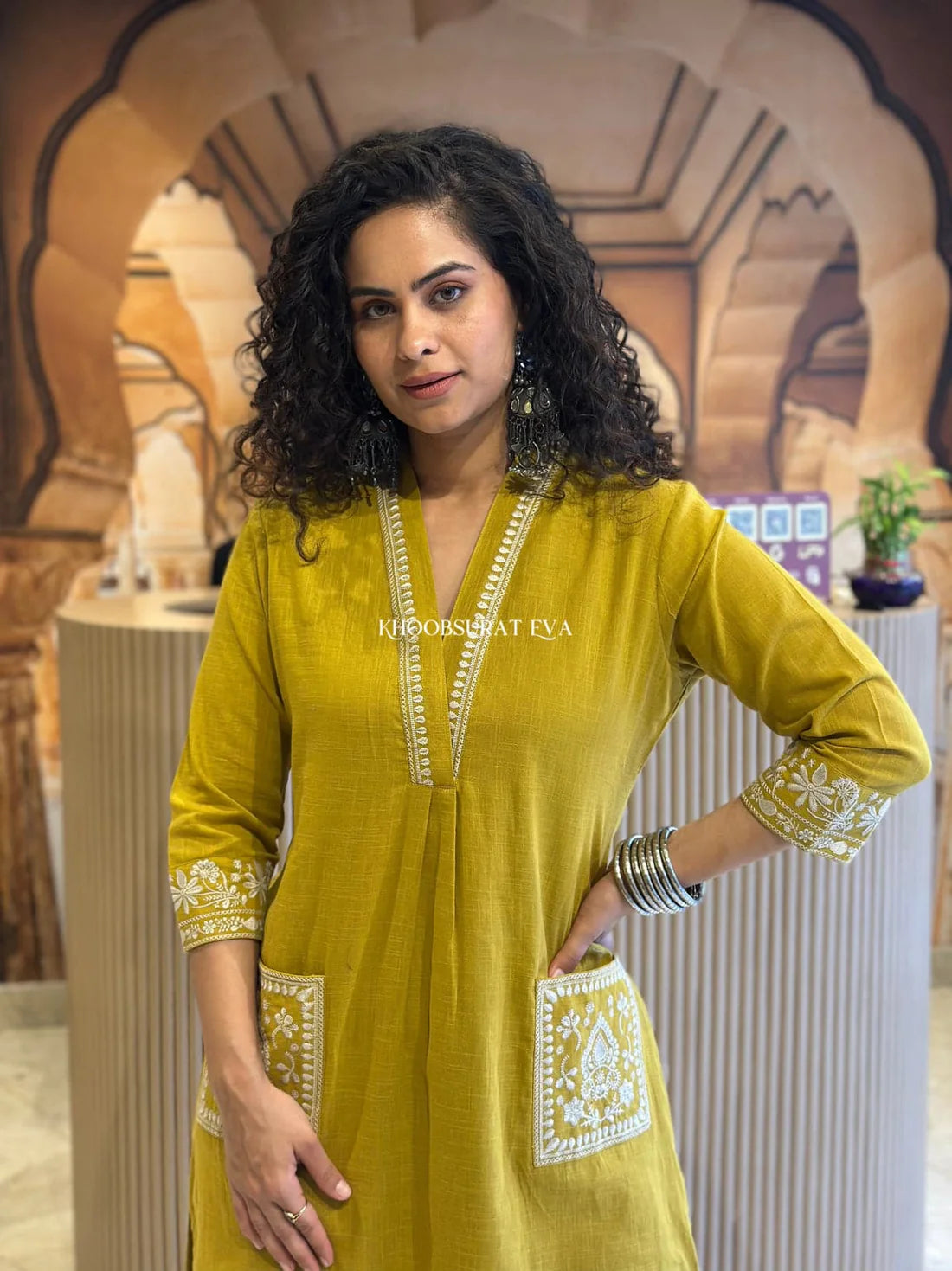BIBA Mustard Yellow Cotton Kurta with White Embroidery
