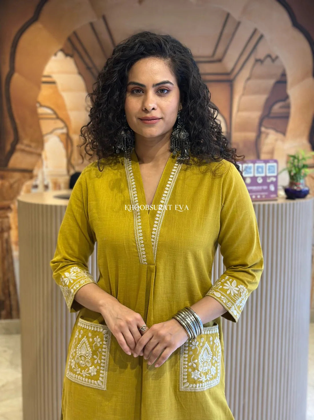 BIBA Mustard Yellow Cotton Kurta with White Embroidery