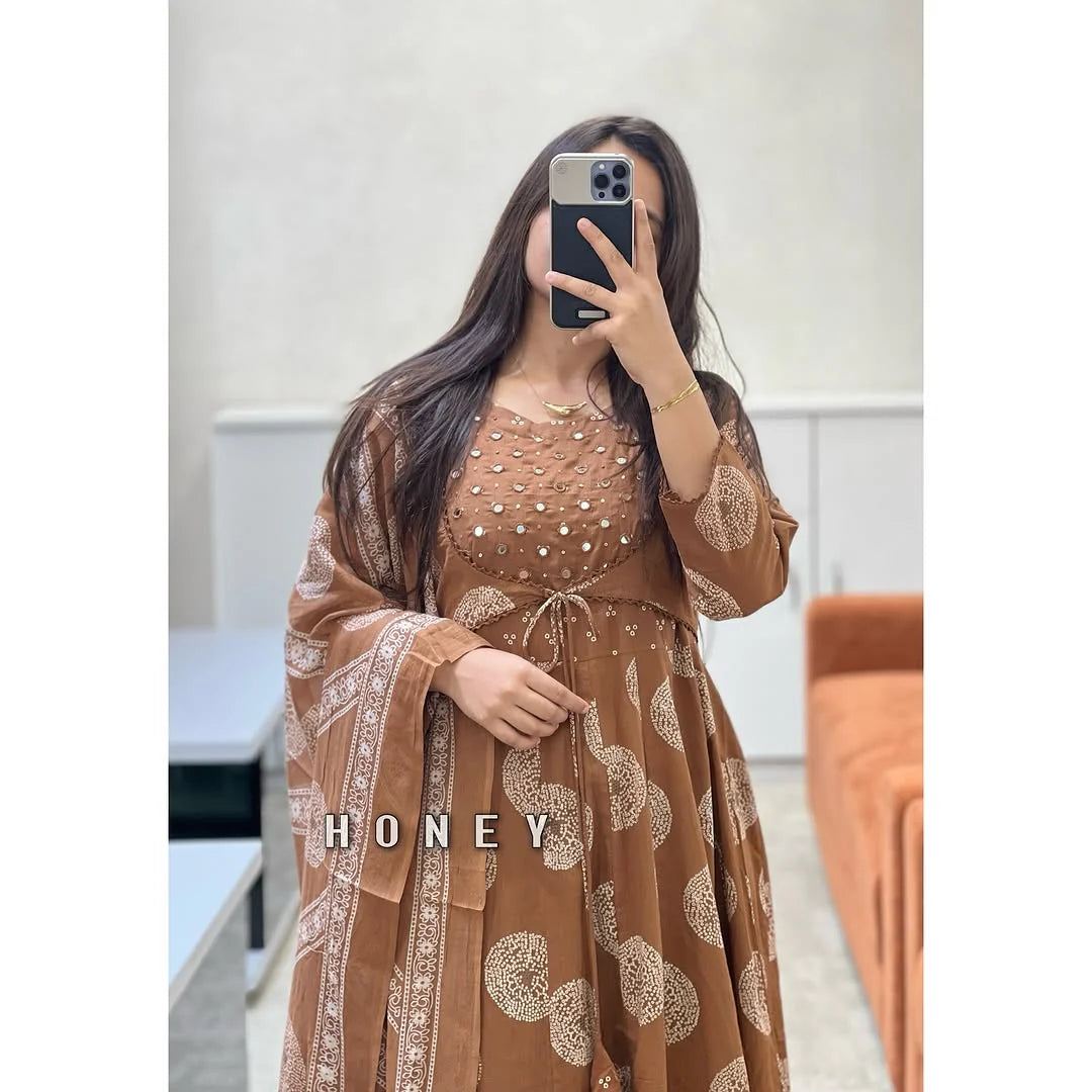 BIBA Cocoa Brown Mirror Work Anarkali Set