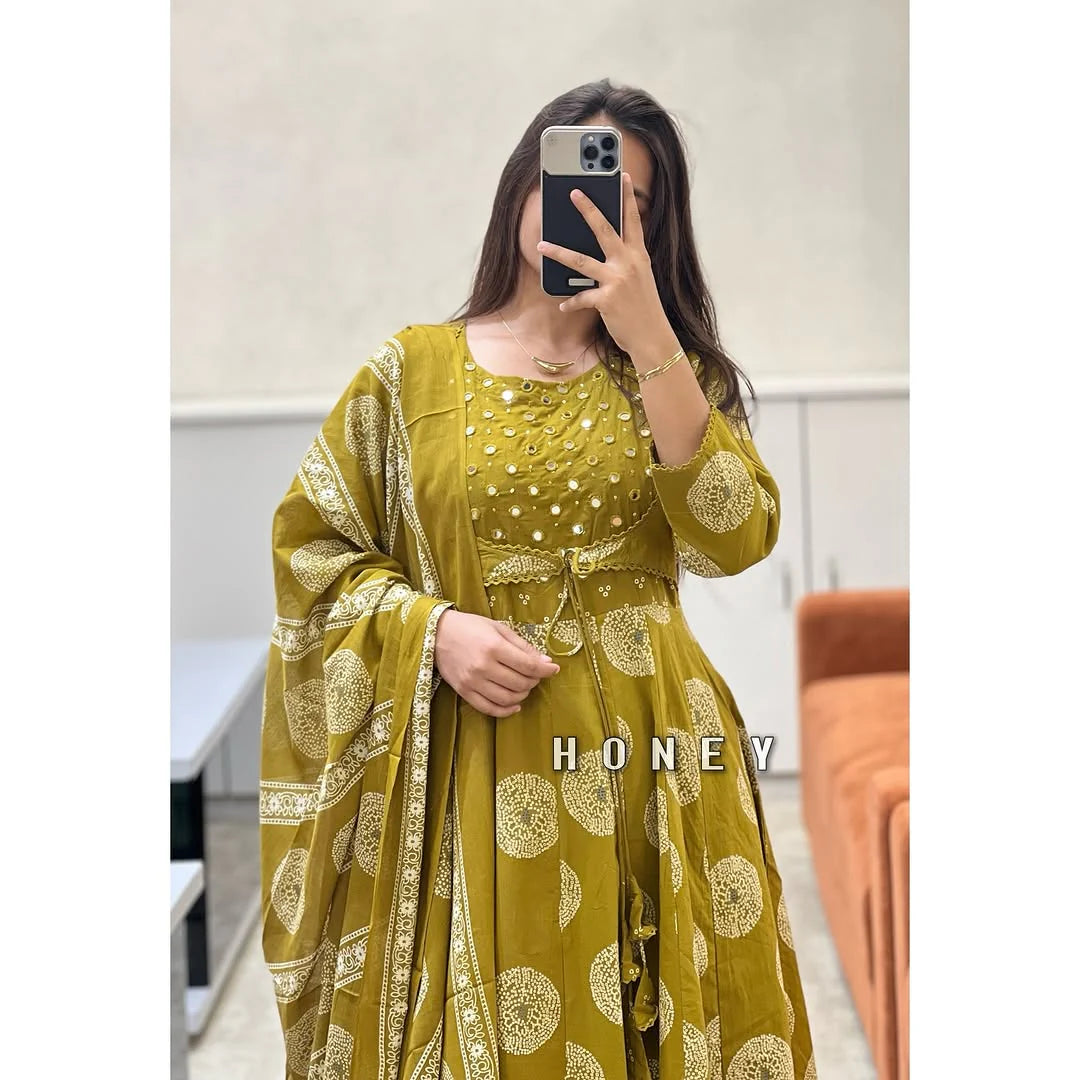 BIBA Mustard Yellow Mirror Work Anarkali Set