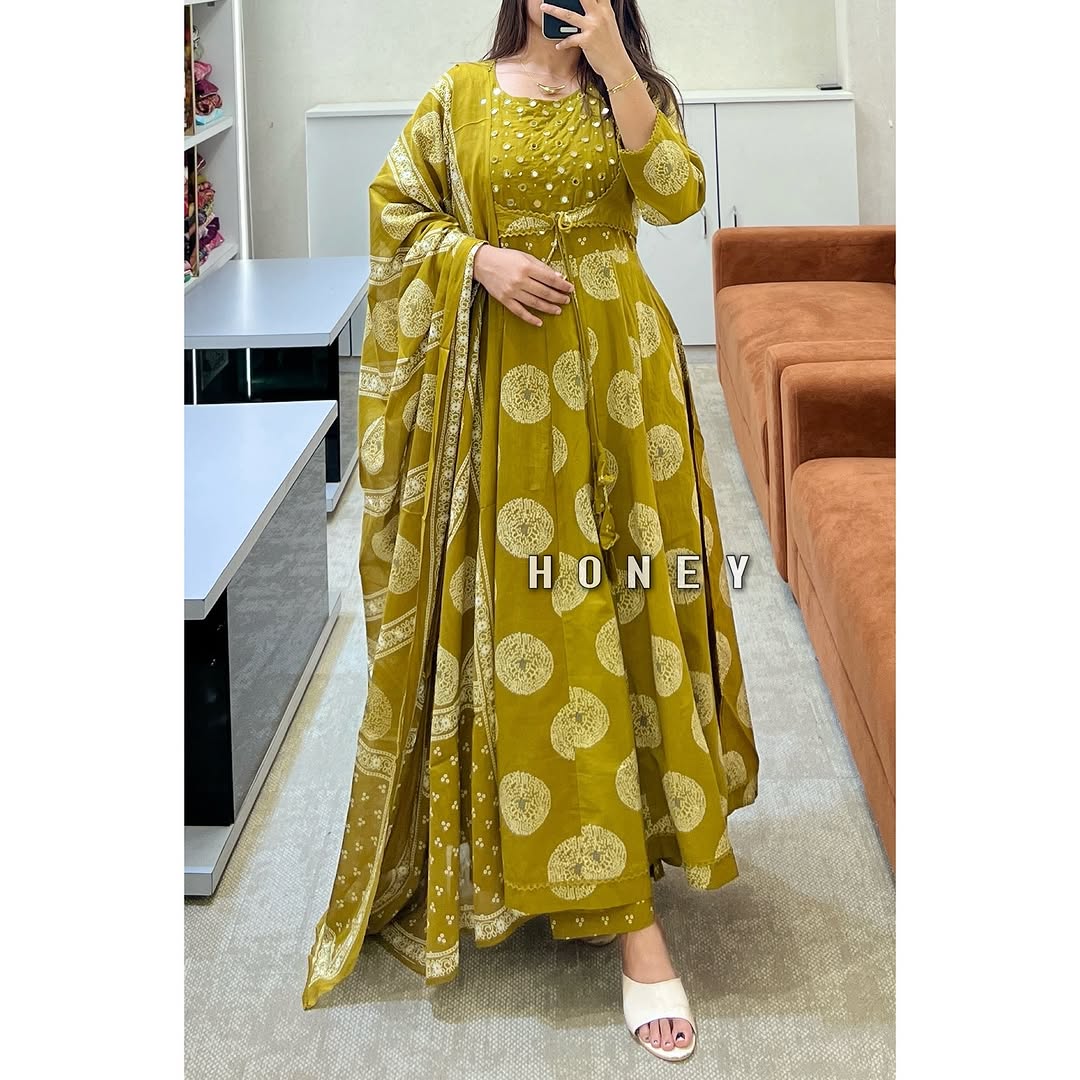 BIBA Mustard Yellow Mirror Work Anarkali Set