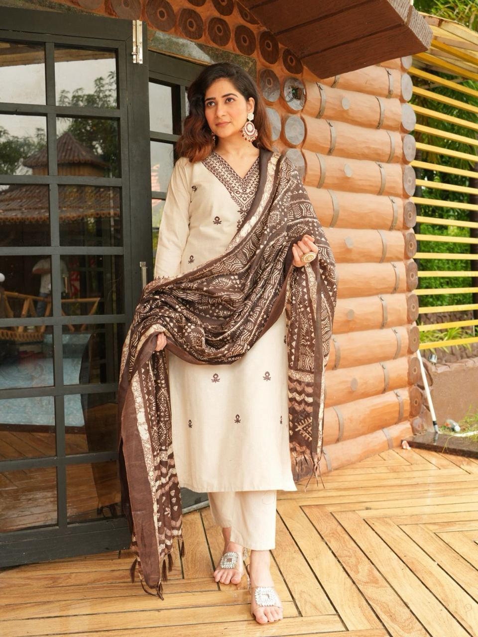 BIBA Beige Printed Khadi Cotton Kurta Set