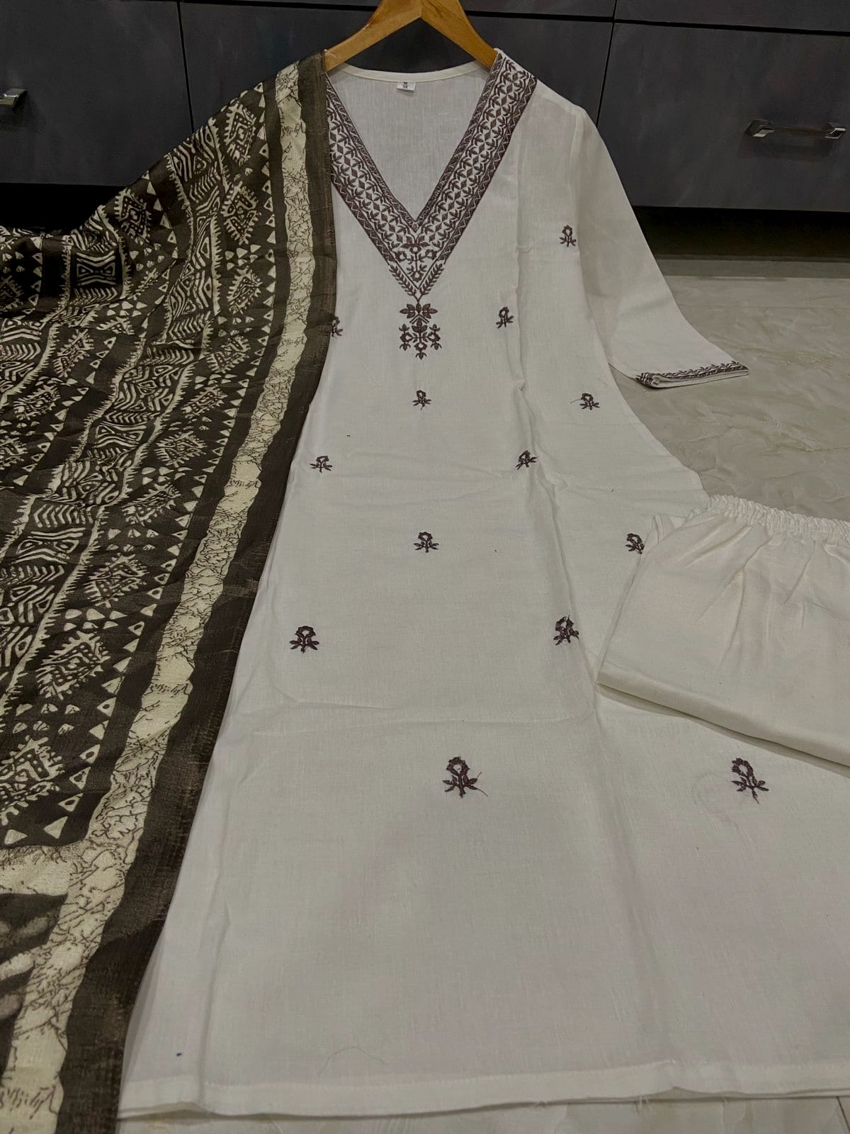 BIBA Beige Printed Khadi Cotton Kurta Set