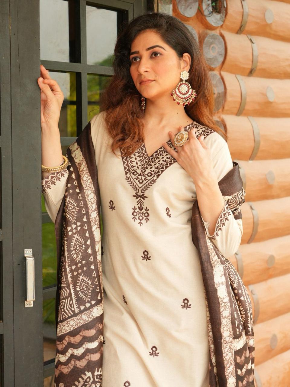 BIBA Beige Printed Khadi Cotton Kurta Set