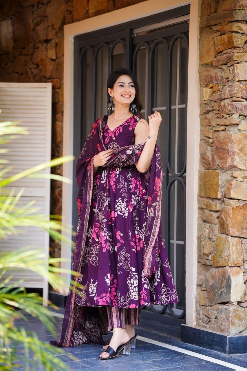 BIBA  Elegant Purple Floral Anarkali Set