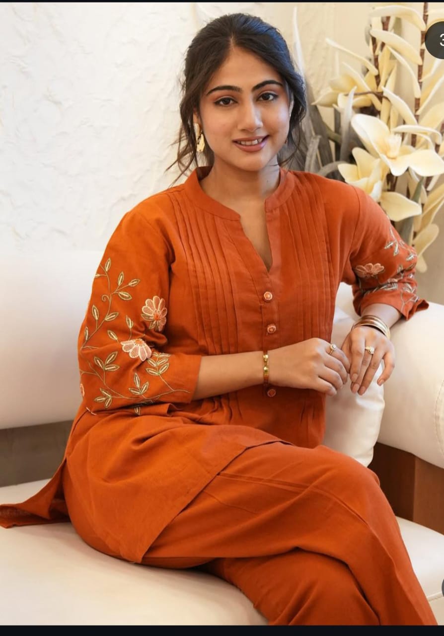 Biba Premium Elegant Rust Orange Kurta Set With Floral Embroidery