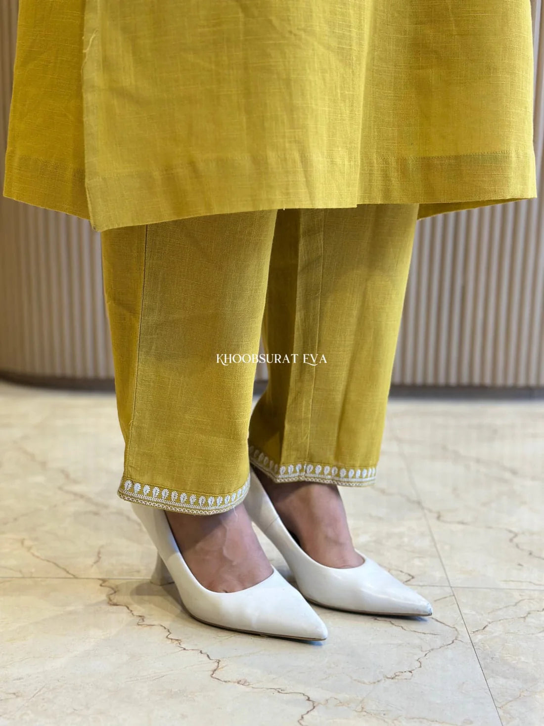 BIBA Mustard Yellow Cotton Kurta with White Embroidery