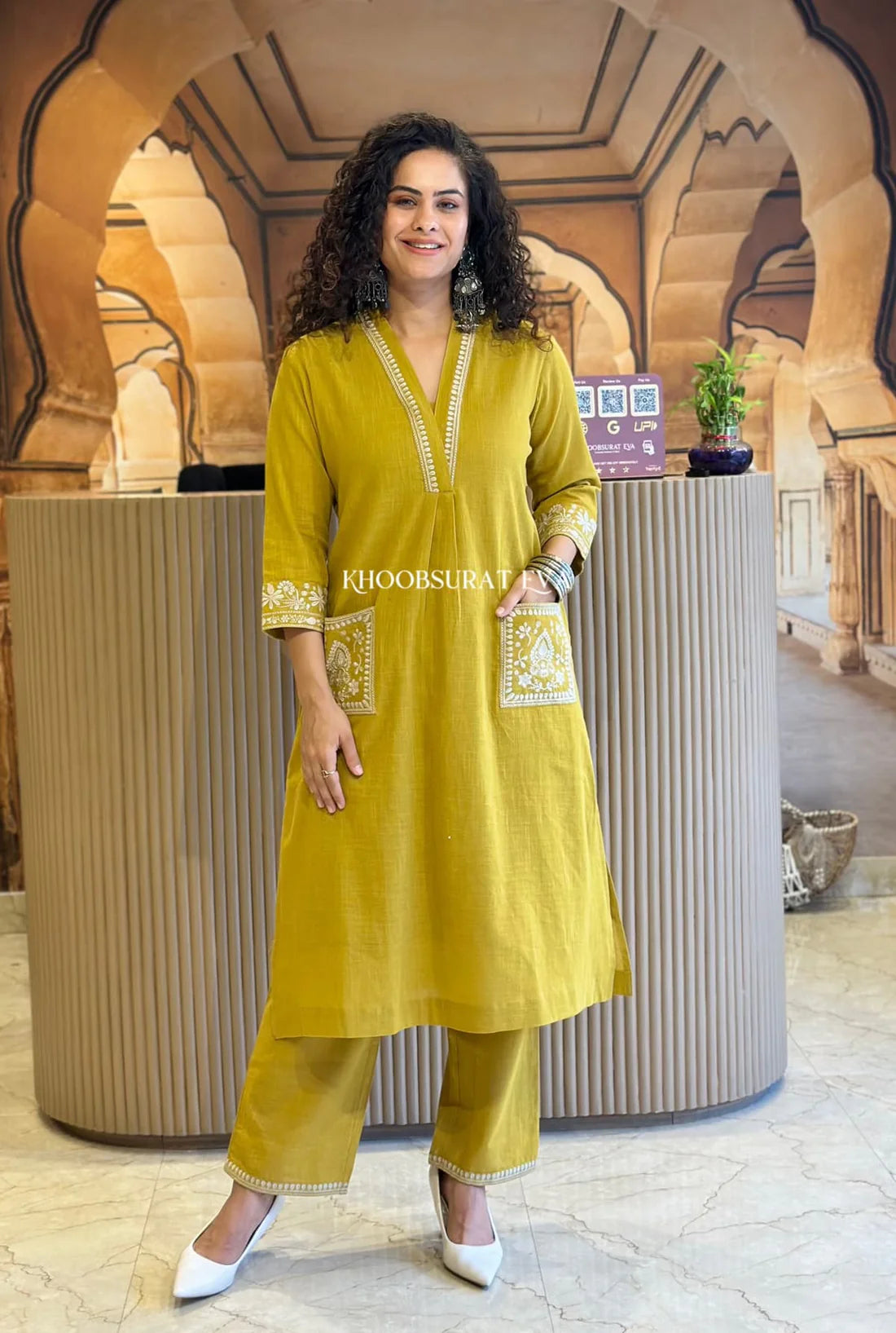 BIBA Mustard Yellow Cotton Kurta with White Embroidery